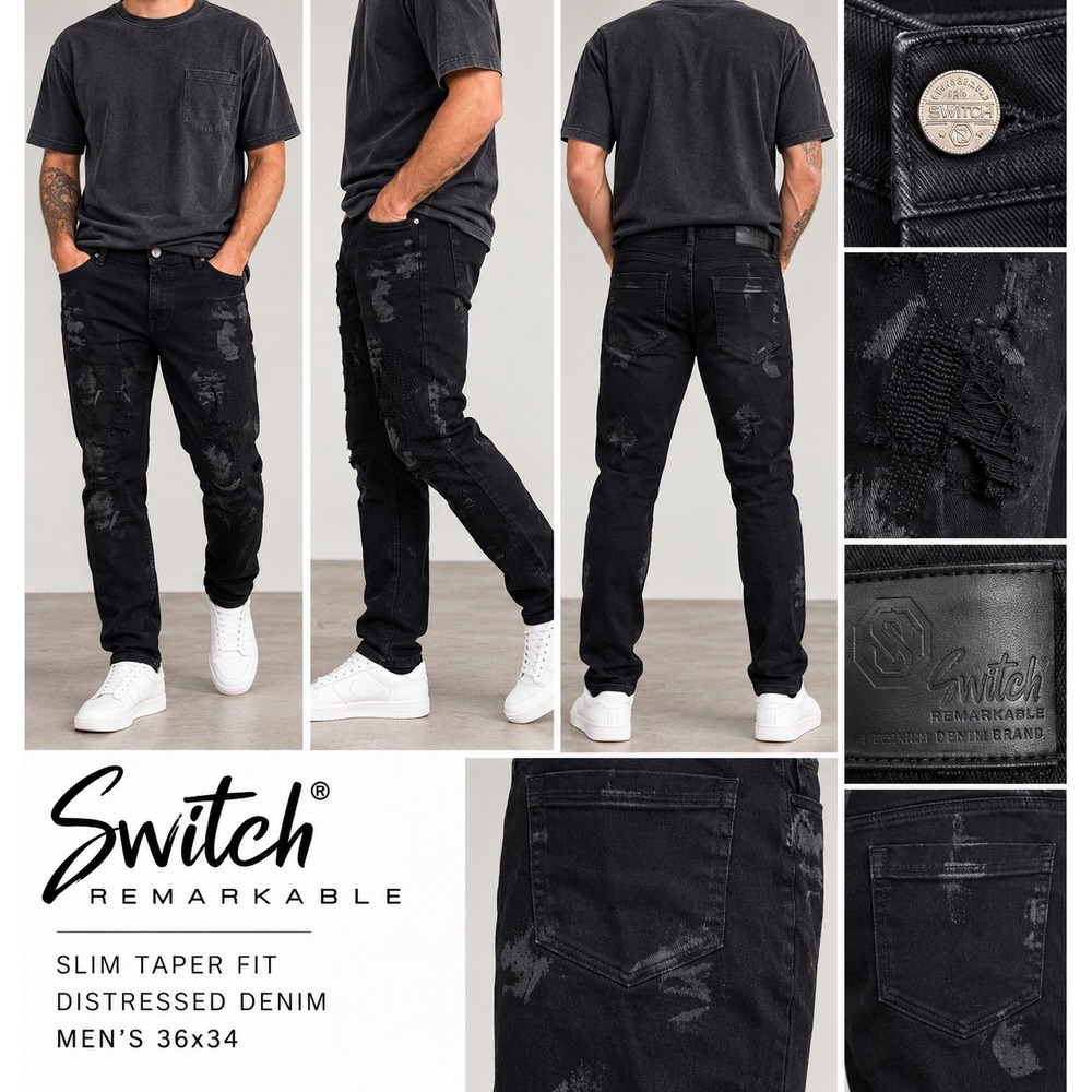 Switch Remarkable Jeans Mens 36x34 Black Distressed Slim Taper Ripped Grunge